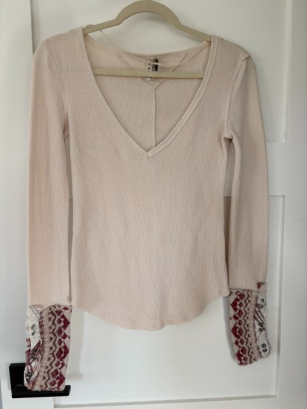 Free People Cream Waffle Knit V-Neck Top Boho Embroidered Cuffs